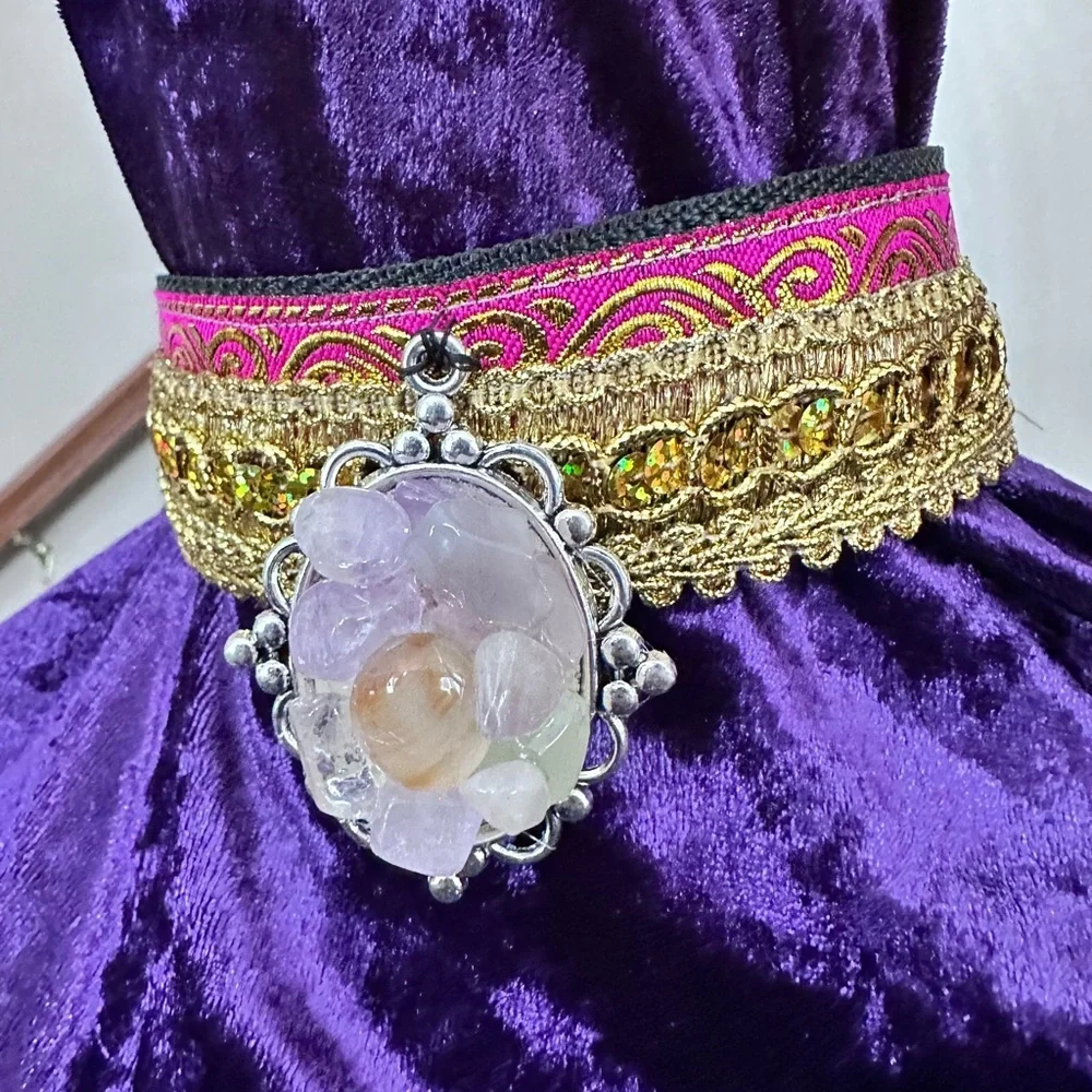 Artisan Boho Choker Necklace Gold Metallic + Handmade Quartz Pendant OOAK Signed